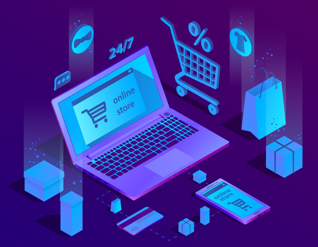 ekranında online sebept sembolü yer alan bir bilgisayar ve etrafında yer alan e-commerce simgeleri