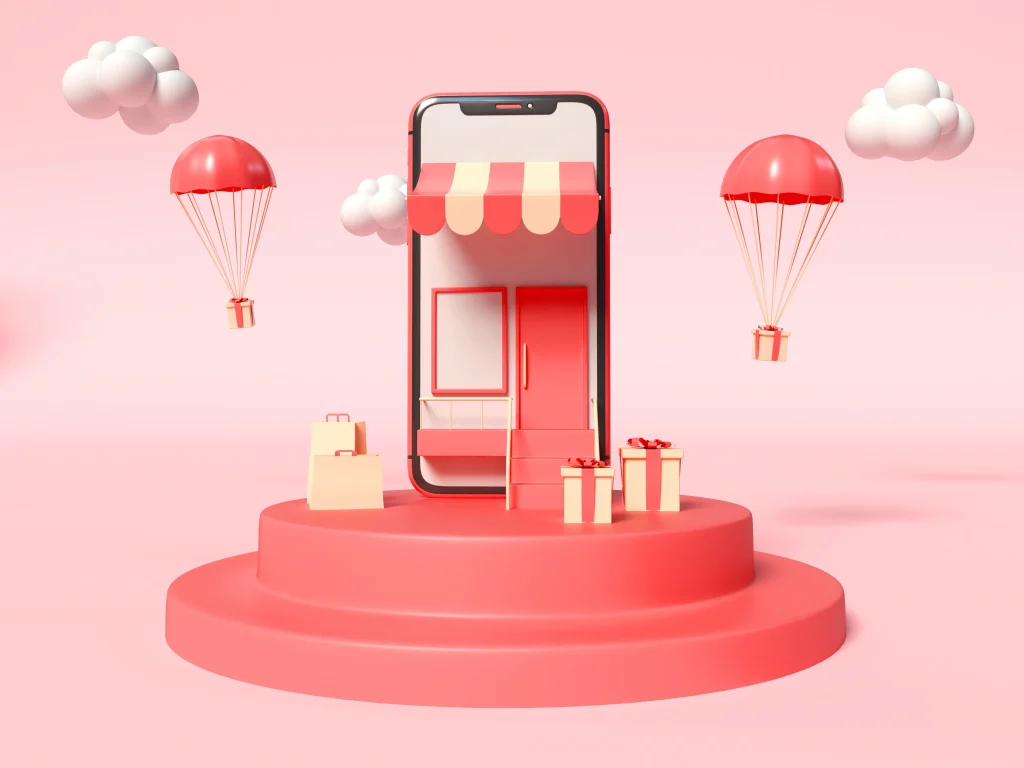 bir telefon içerisinde bir mağaza ve etrafında sipariş kutuları yer alıyor